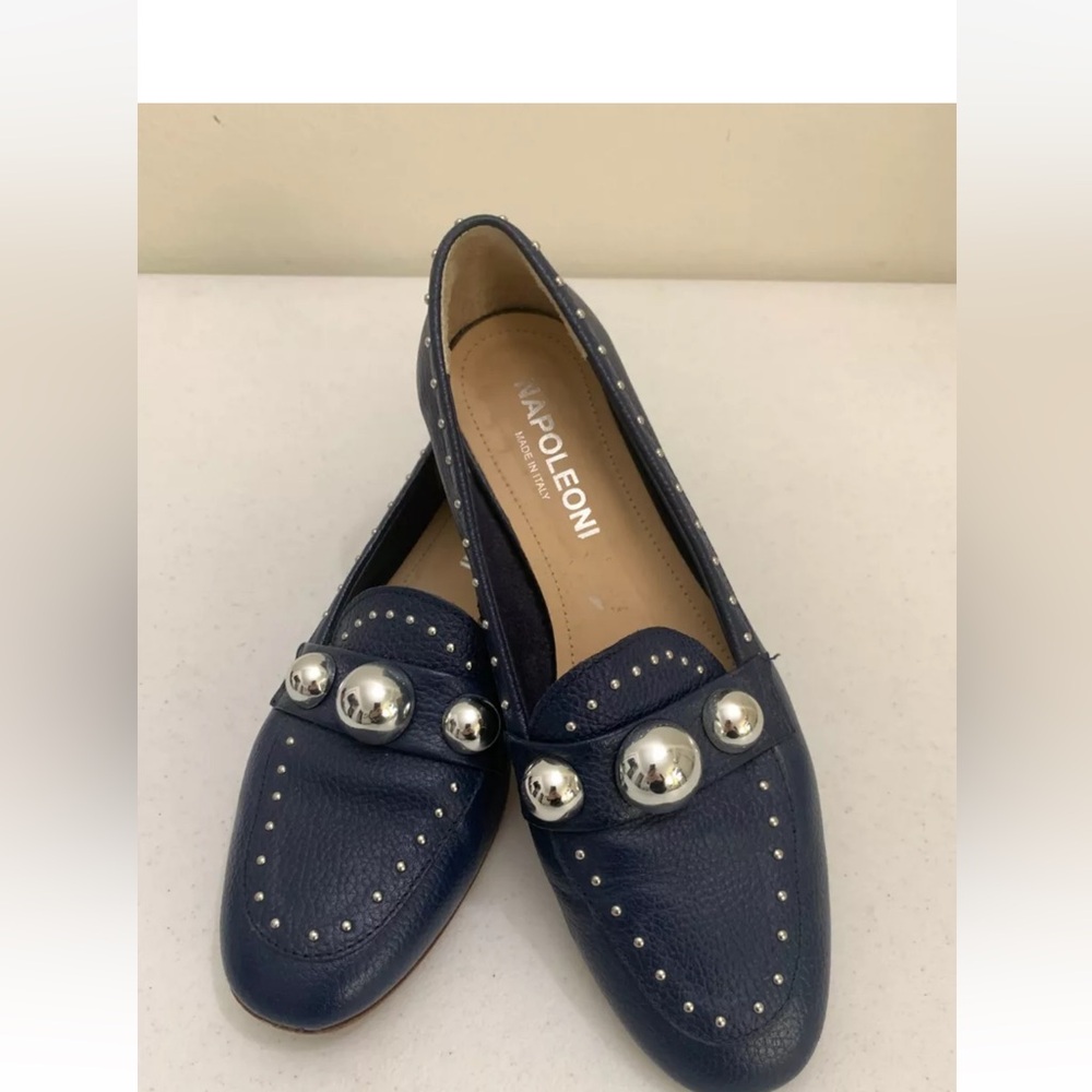 NAPOLEONI Women's Shoes Flat Leather Blue Silver Exclusive Decoration Size-6.5